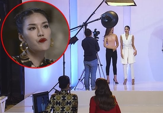 Cụ thể, khi Phạm Hương đang hướng dẫn thí sinh thì Lan Khuê có biểu cảm được cho là 'thái độ'.